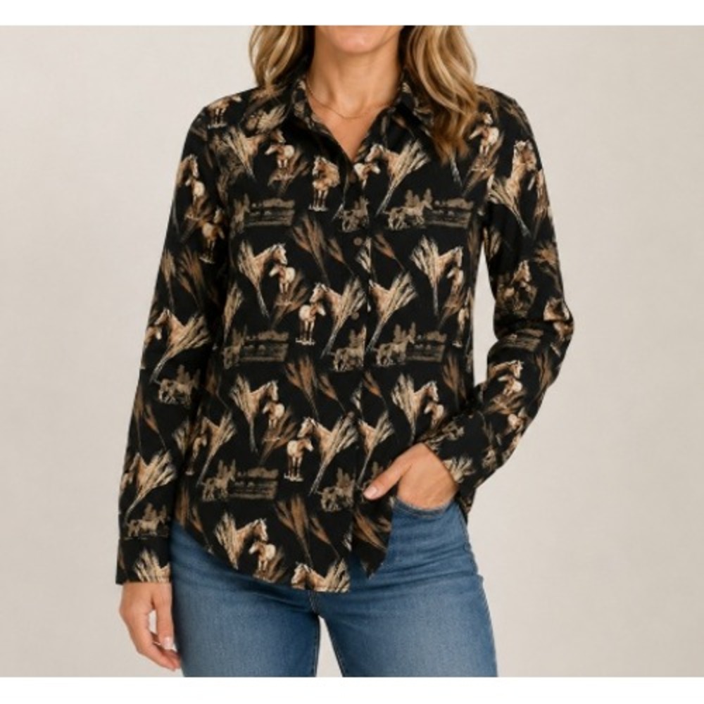 Bit & Bridle Button Down Shirt Womens L Black Equestrian Horse Print‎ Cotton
